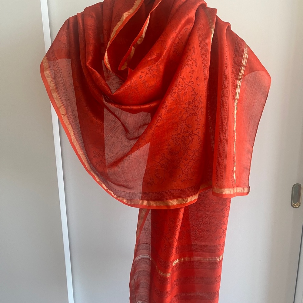 New FabIndia Heirloom Red & Gold Zari Wrap Silk Cotton Chanderi Dupatta